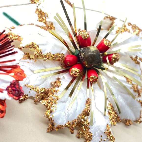 Vintage Christmas Decorative Picks Gold Birds Glittered Flowers Japan Set Of 5 - Picture 11 of 11